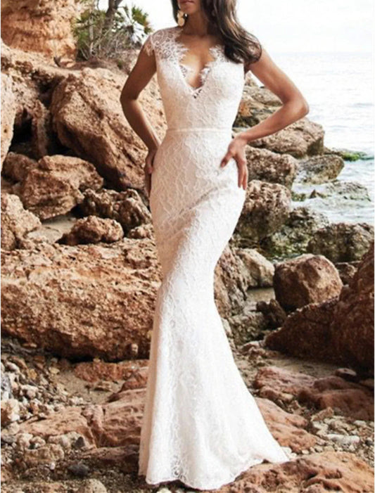 NumberSea - Beach Open Back Mature Wedding Dresses Mermaid / Trumpet V Neck Cap Sleeve Sweep / Brush Train Lace Bridal Gowns With Appliques Solid Color