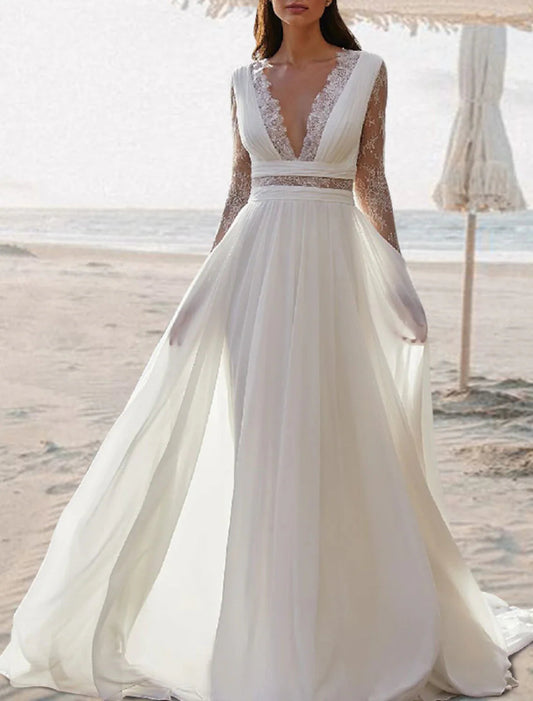 NumberSea - Beach Open Back V Neck Sleeveless Floor Length Chiffon Bridal Gowns With Pleats Wedding Dresses&nbsp;