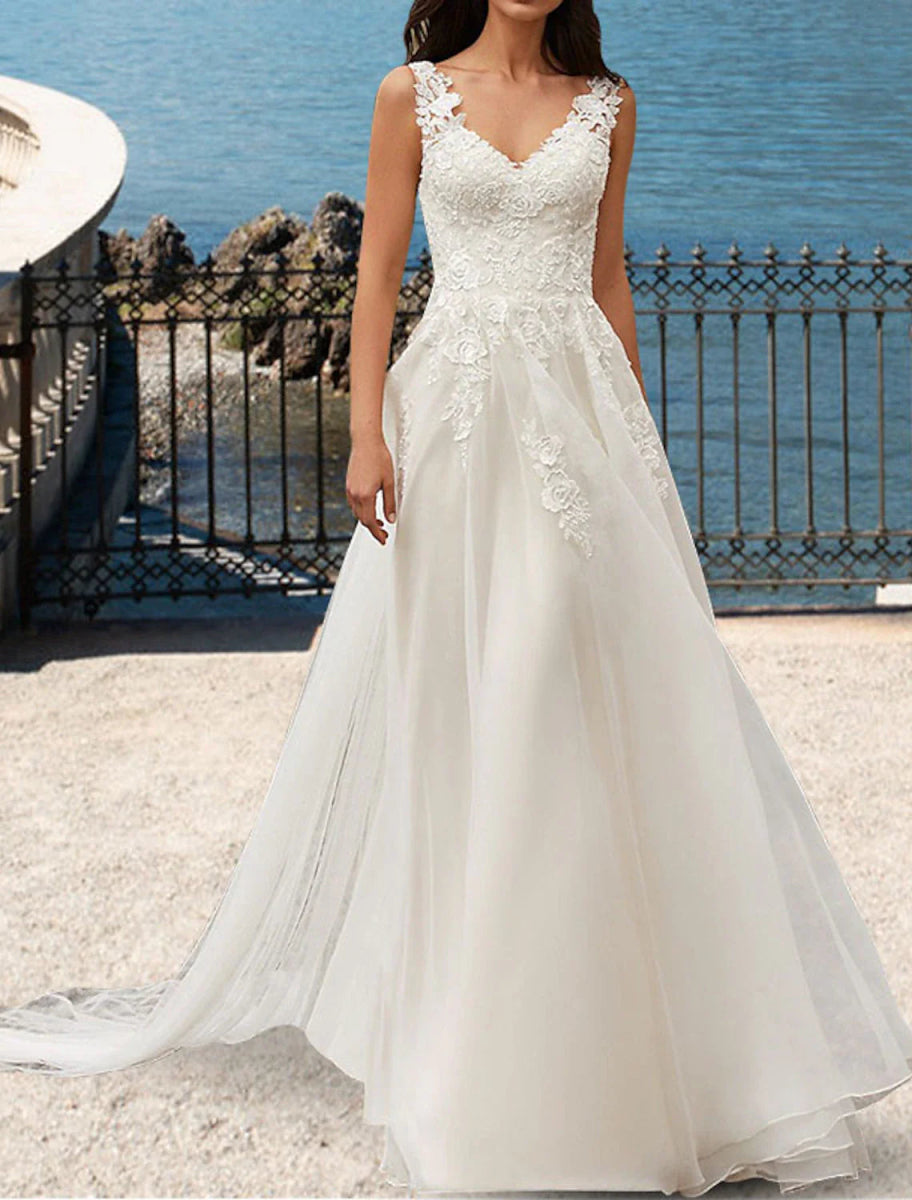 NumberSea - Beach Open Back Wedding Dresses A - Line V Neck Sleeveless Court Train Lace Bridal Gowns With Appliques