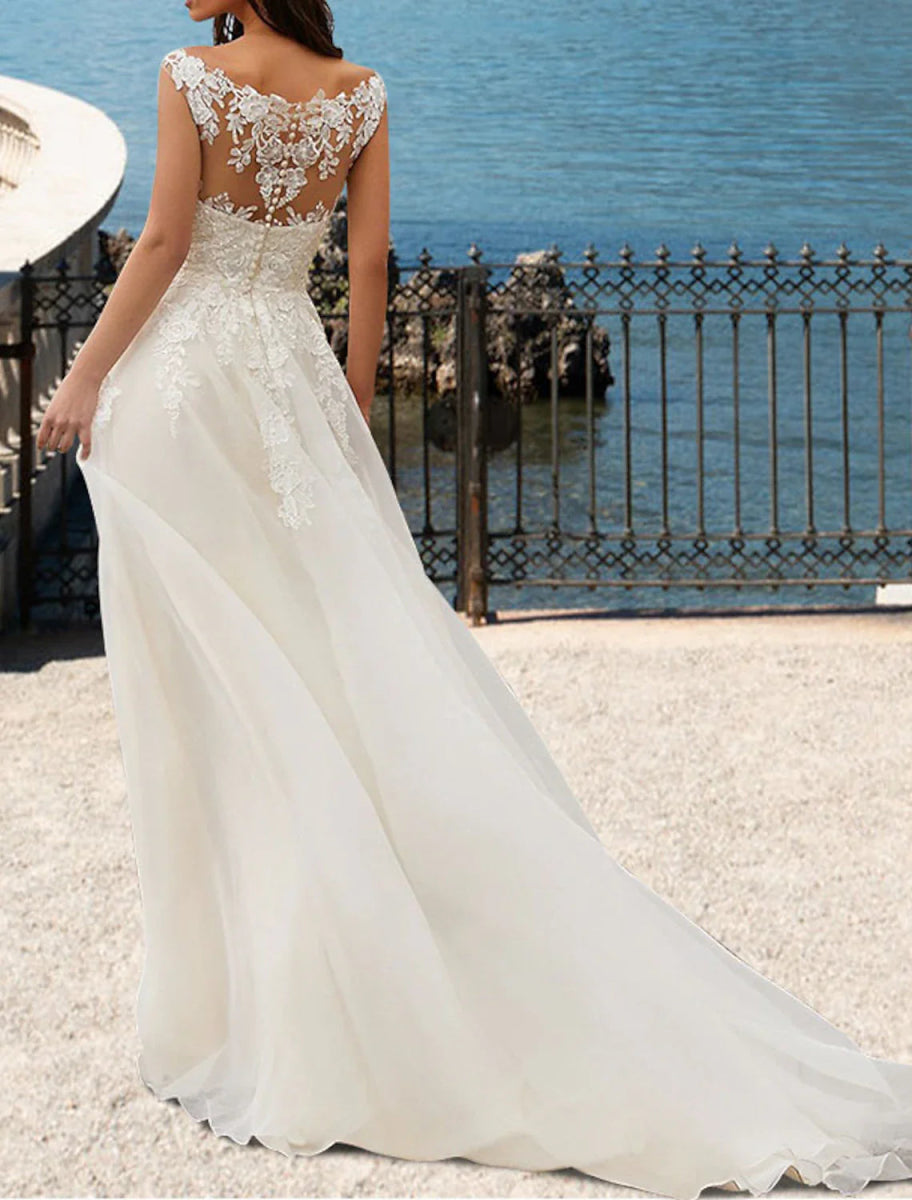 NumberSea - Beach Open Back Wedding Dresses A - Line V Neck Sleeveless Court Train Lace Bridal Gowns With Appliques