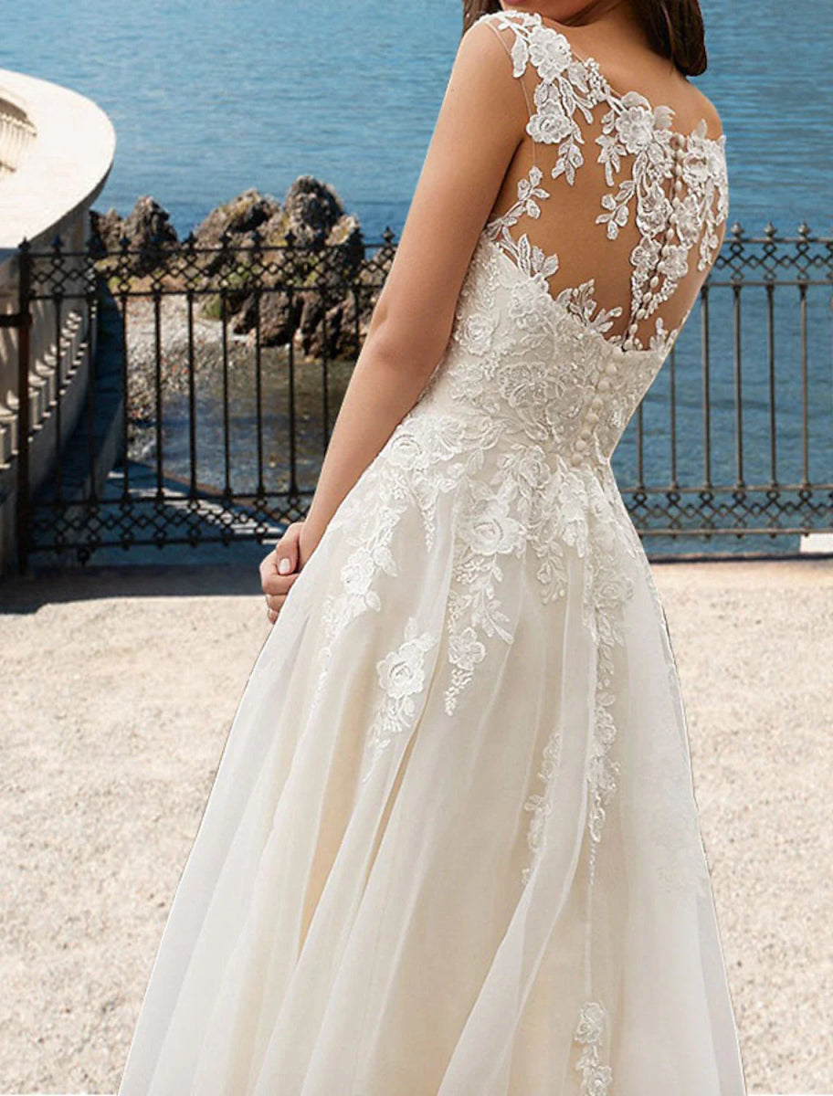 NumberSea - Beach Open Back Wedding Dresses A - Line V Neck Sleeveless Court Train Lace Bridal Gowns With Appliques