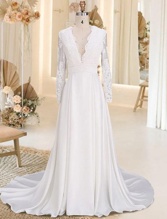 NumberSea - Beach Open Back Wedding Dresses Court Train A - Line Long Sleeve V Neck Satin With Appliques