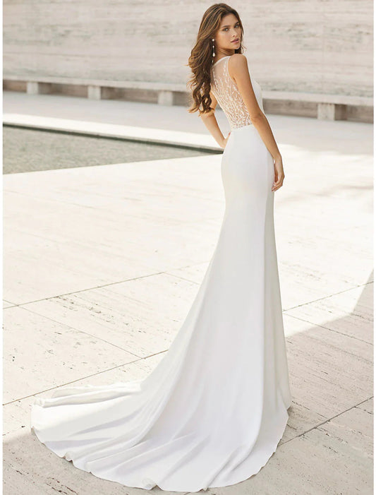 NumberSea - Beach Open Back Wedding Dresses Court Train Mermaid / Trumpet Sleeveless V Neck Satin Bridal Suits With Appliques