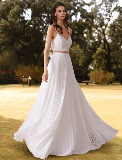 NumberSea - Beach Open Back Wedding Dresses Floor Length Two Piece Sleeveless Spaghetti Strap V Neck Chiffon With Appliques Solid Color