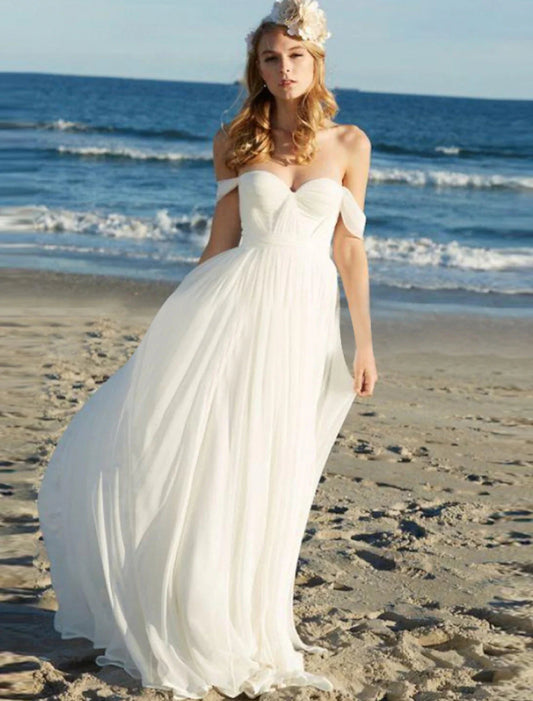 NumberSea - Beach Sexy Boho Wedding Dresses A - Line Off Shoulder Cap Sleeve Floor Length Chiffon Bridal Gowns With Pleats Solid Color