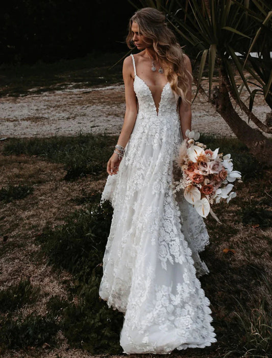 NumberSea - Beach Sexy Boho Wedding Dresses A - Line Sweetheart Camisole Spaghetti Strap Court Train Lace Outdoor Bridal Gowns With Appliques Split Front