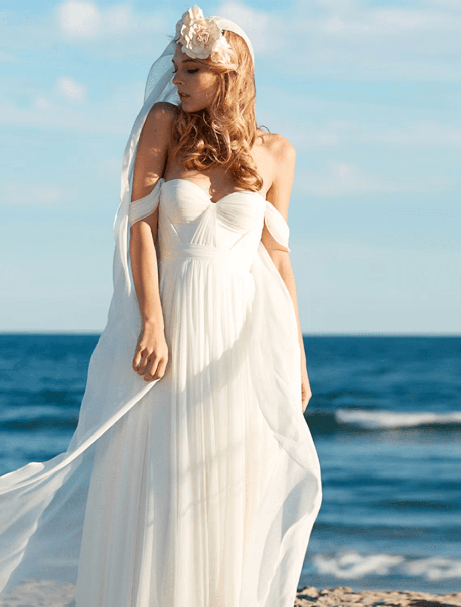 NumberSea - Beach Sexy Boho Wedding Dresses Floor Length A - Line Sleeveless Off Shoulder Chiffon With Pleats Solid Color