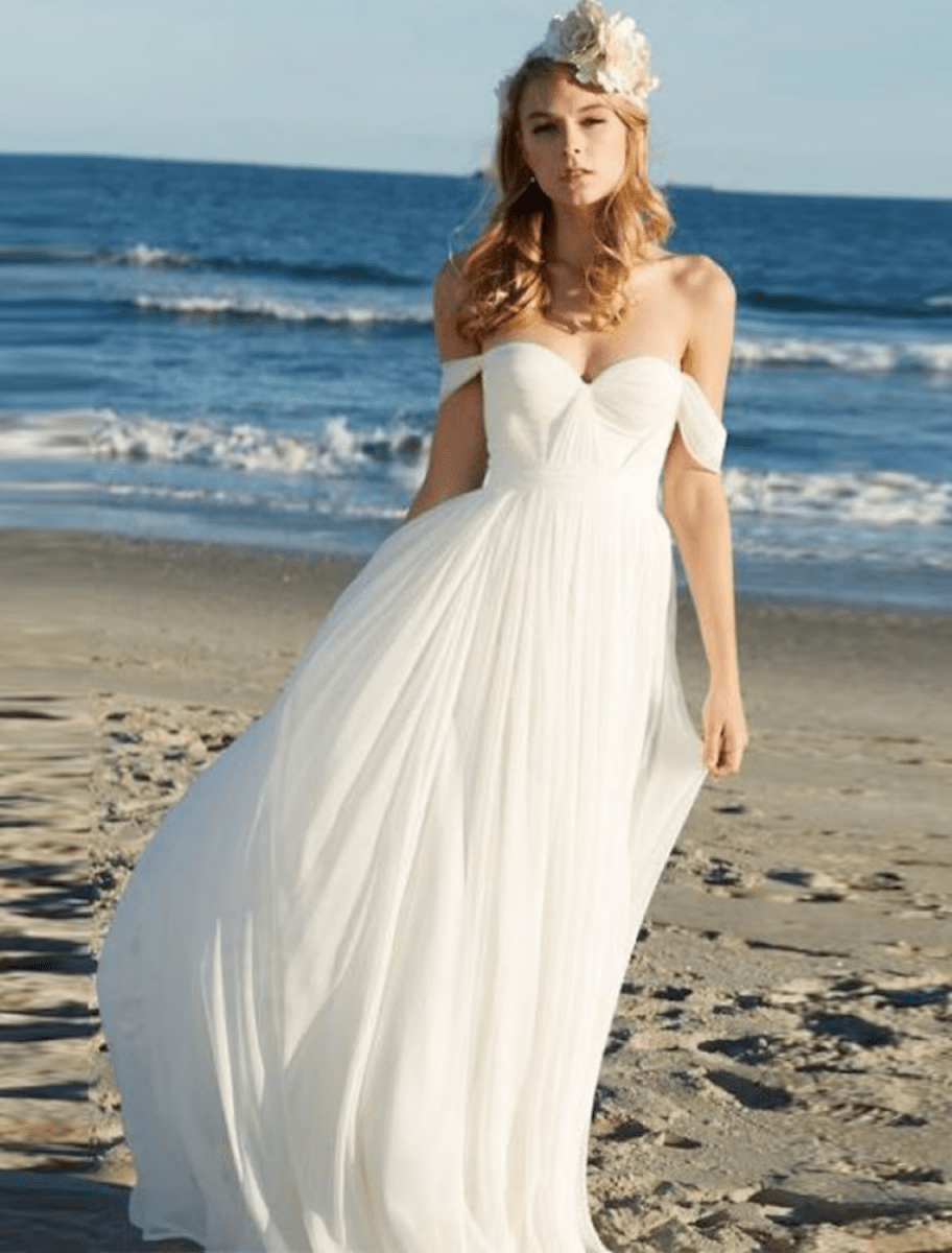 NumberSea - Beach Sexy Boho Wedding Dresses Floor Length A - Line Sleeveless Off Shoulder Chiffon With Pleats Solid Color