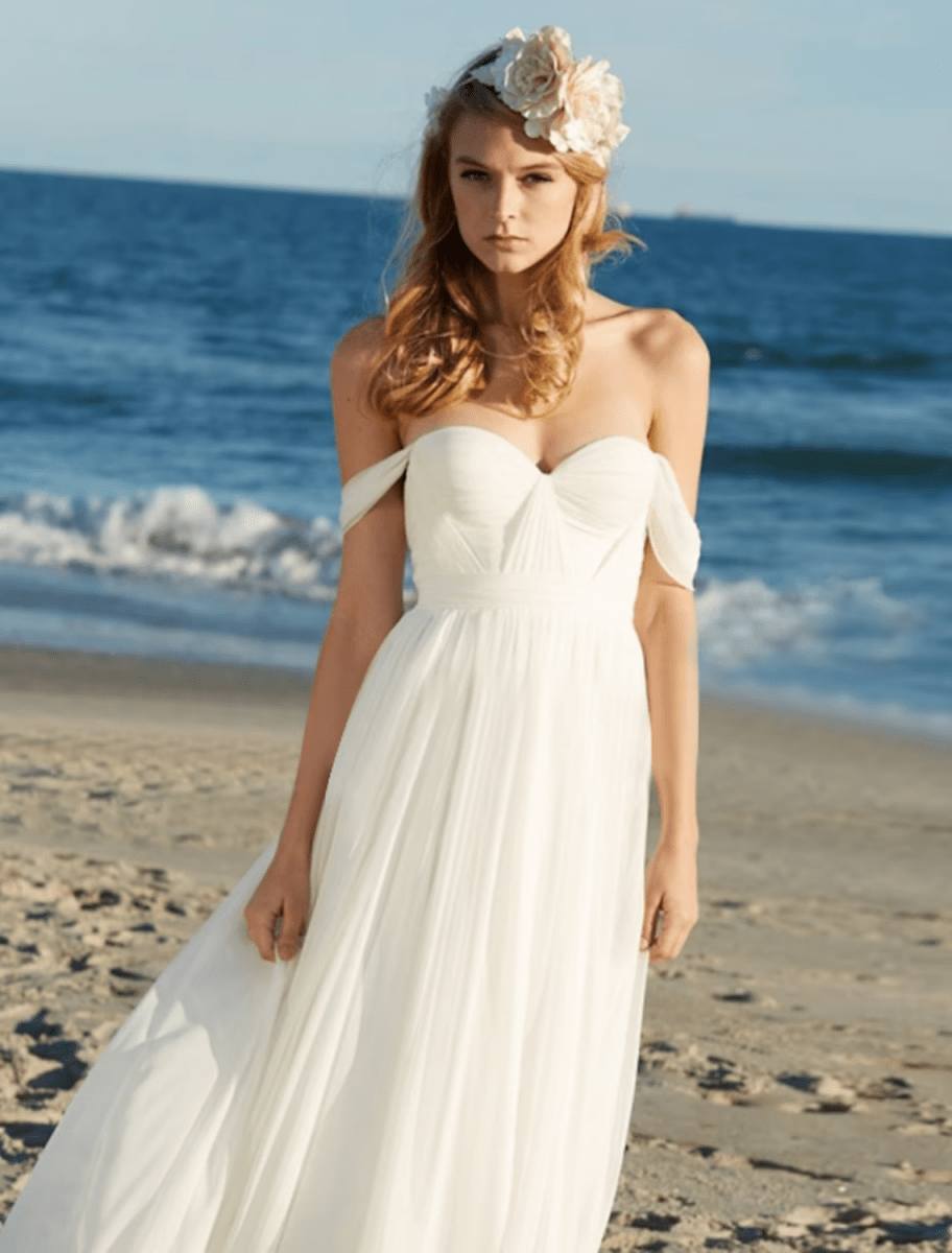 NumberSea - Beach Sexy Boho Wedding Dresses Floor Length A - Line Sleeveless Off Shoulder Chiffon With Pleats Solid Color