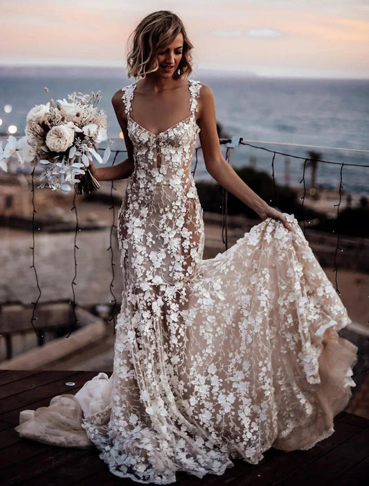 NumberSea - Beach Sexy Boho Wedding Dresses Mermaid / Trumpet Sweetheart Regular Straps Court Train Lace Bridal Gowns With Appliques Summer Fall Wedding Party