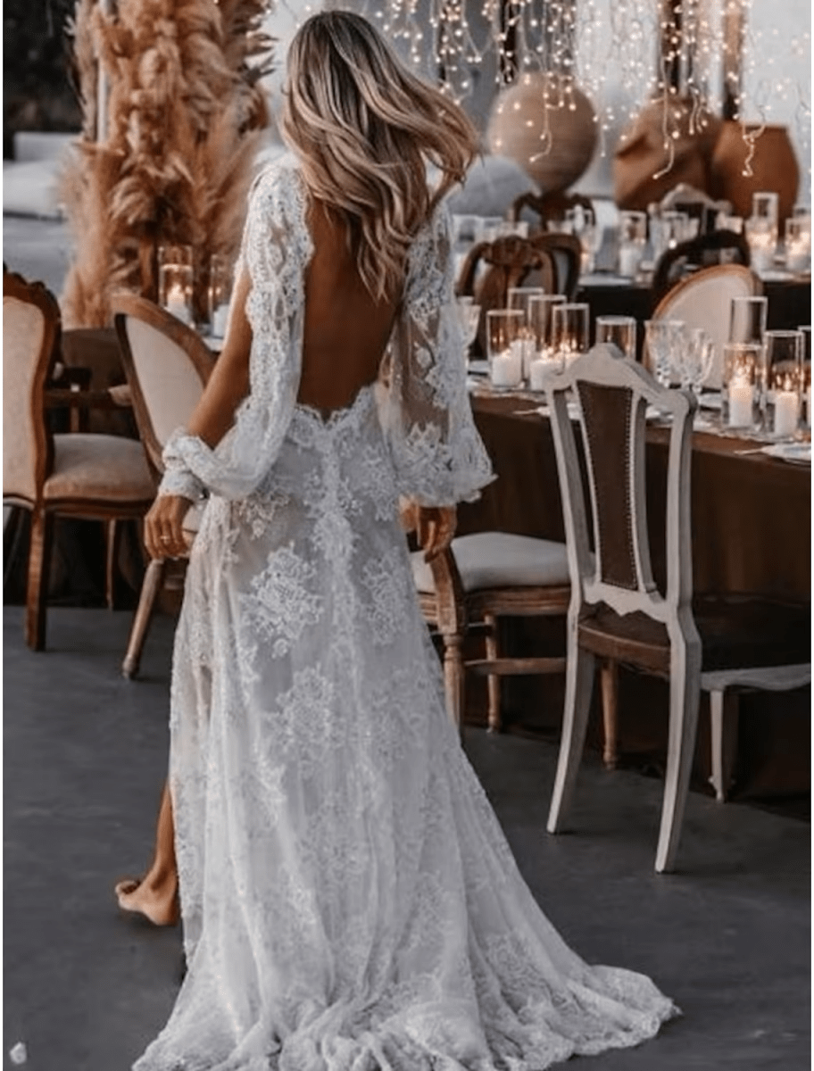 NumberSea - Beach Sexy Boho Wedding Dresses Sweep / Brush Train A - Line Long Sleeve V Neck Lace With Appliques Split Front