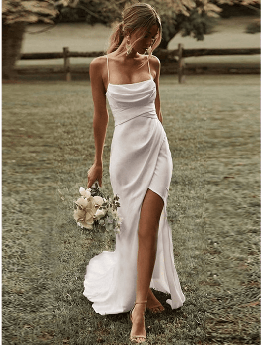 NumberSea - Beach Sexy Casual Wedding Dresses Sweep / Brush Train Sheath / Column Sleeveless Square Spaghetti Strap Stretch Fabric With Ruched Split Front