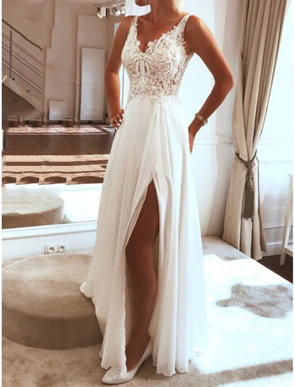 NumberSea - Beach V Neck Sleeveless Floor Length Chiffon Bridal Gowns With Split Front Wedding Dresses