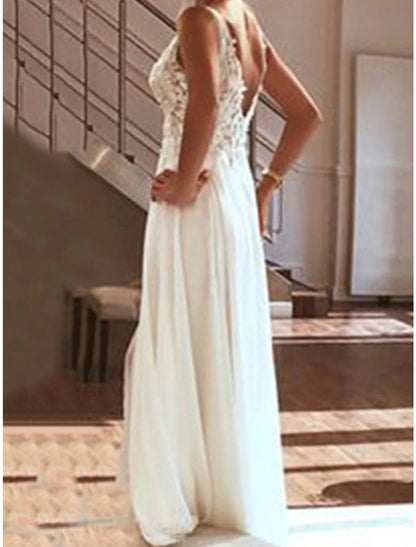 NumberSea - Beach V Neck Sleeveless Floor Length Chiffon Bridal Gowns With Split Front Wedding Dresses