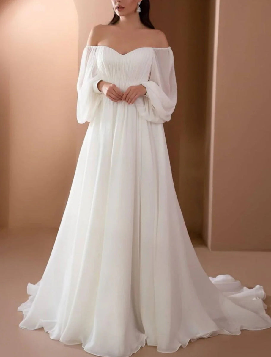 NumberSea - Beach Vintage Off Shoulder Long Sleeve Court Train Chiffon Bridal Gowns With Pleats Beading Wedding Dresses