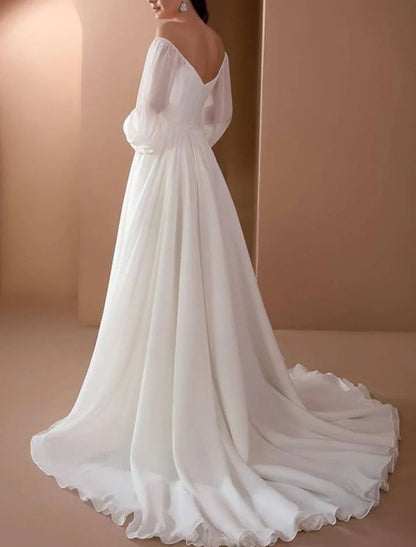 NumberSea - Beach Vintage Off Shoulder Long Sleeve Court Train Chiffon Bridal Gowns With Pleats Beading Wedding Dresses