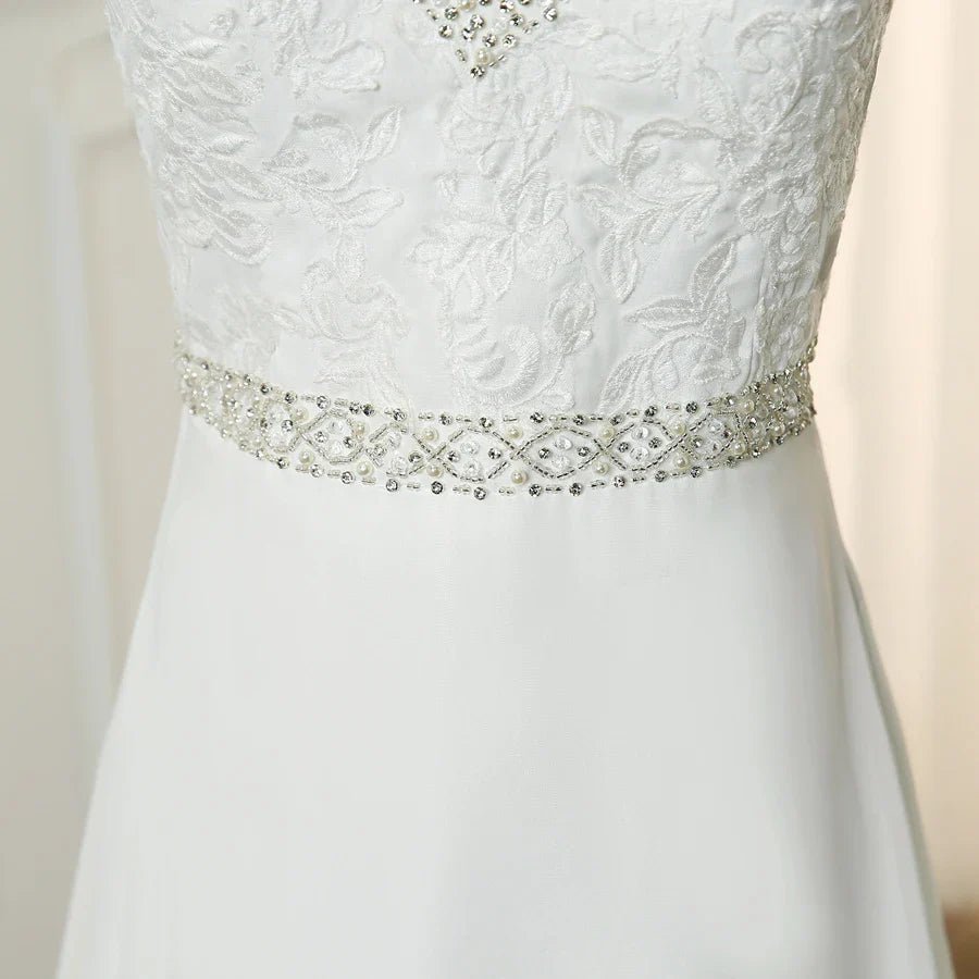 NumberSea - Beach Wedding Dress Double V - neck Sleeveless Beading Applique A - line Chiffon Gowns Robe