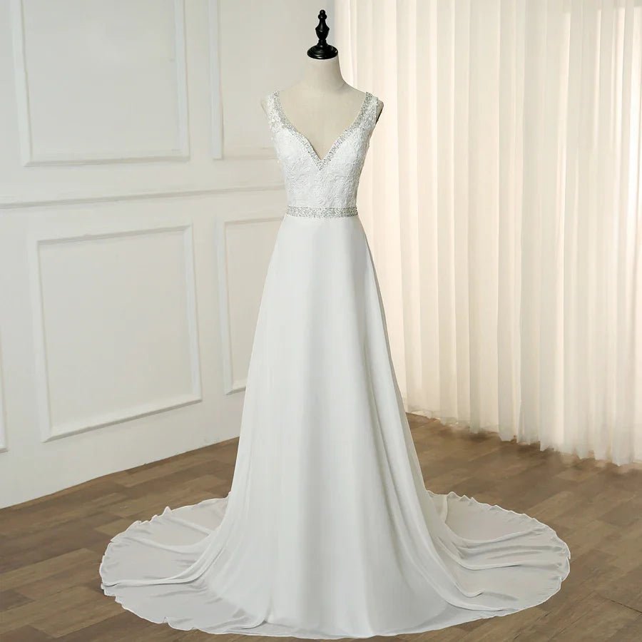 NumberSea - Beach Wedding Dress Double V - neck Sleeveless Beading Applique A - line Chiffon Gowns Robe