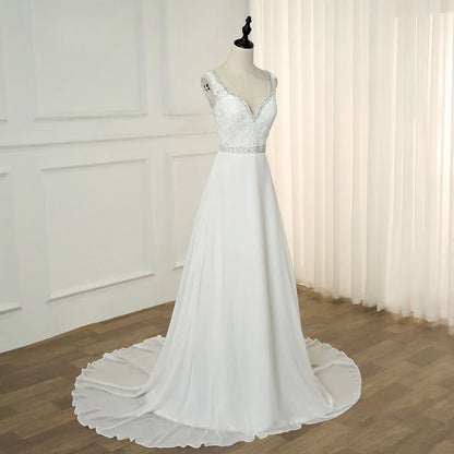 NumberSea - Beach Wedding Dress Double V - neck Sleeveless Beading Applique A - line Chiffon Gowns Robe