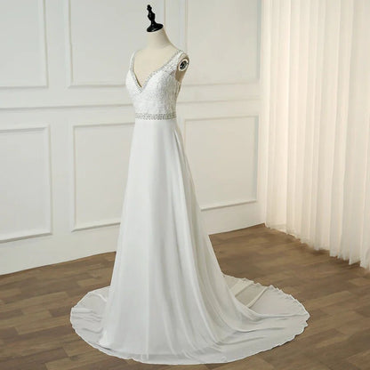 NumberSea - Beach Wedding Dress Double V - neck Sleeveless Beading Applique A - line Chiffon Gowns Robe