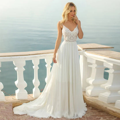 NumberSea - Beach Wedding Dress for Women A - Line V - neck Lace Appliques Open Back Bridal Gown