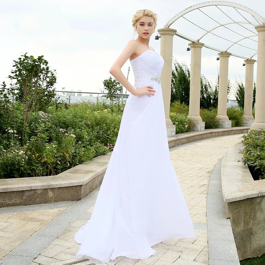 NumberSea - Beach Wedding Dress Pleats Crystal Belt Chiffon Dresses