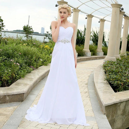 NumberSea - Beach Wedding Dress Pleats Crystal Belt Chiffon Dresses