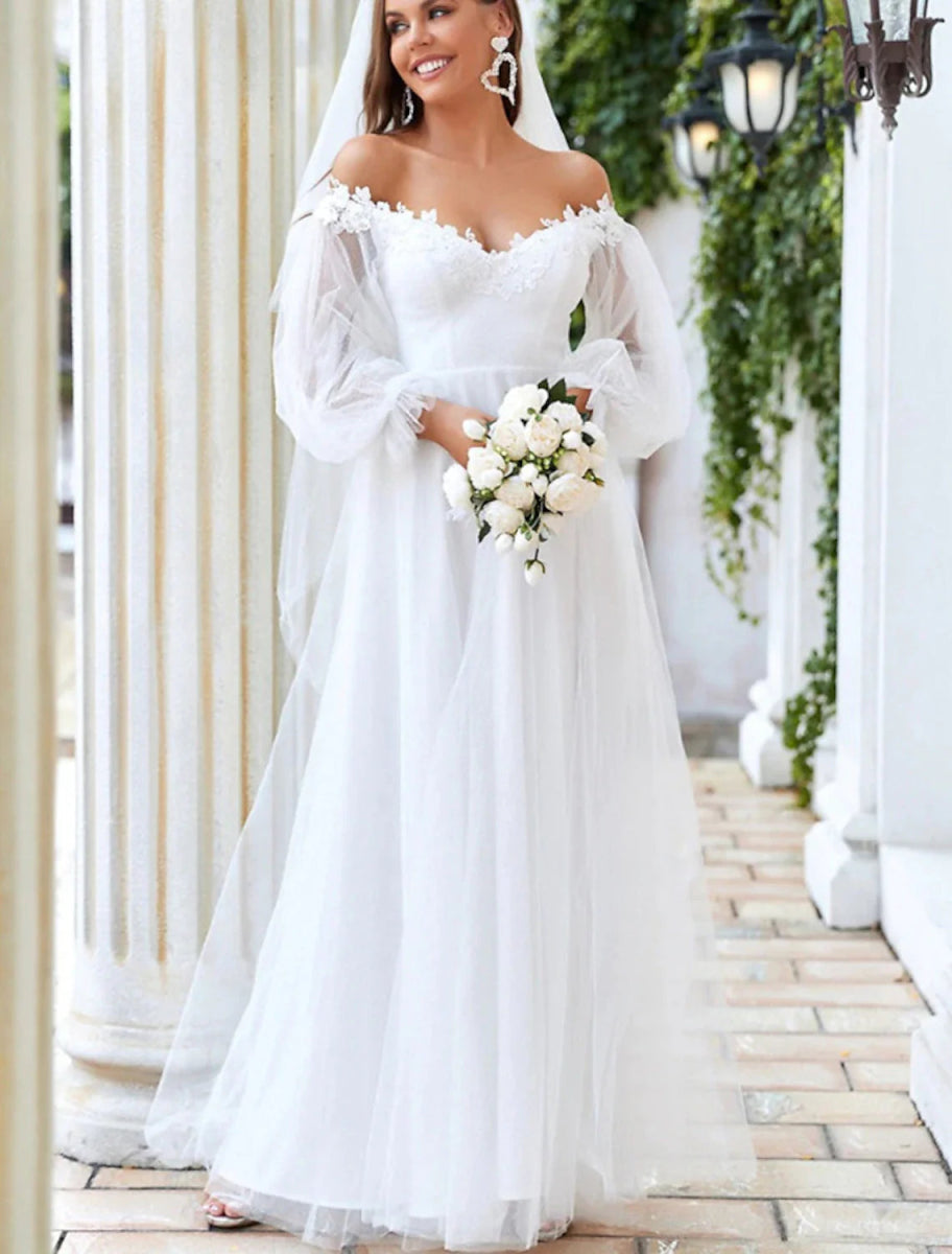 NumberSea - Beach Wedding Dresses A - Line Off Shoulder Long Sleeve Floor Length Tulle Bridal Gowns With Lace Insert Appliques