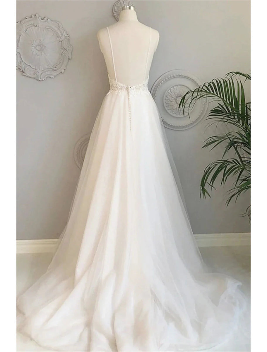 NumberSea - Beach Wedding Dresses A - Line Sweetheart Camisole Spaghetti Strap Court Train Lace Bridal Gowns With Buttons Appliques