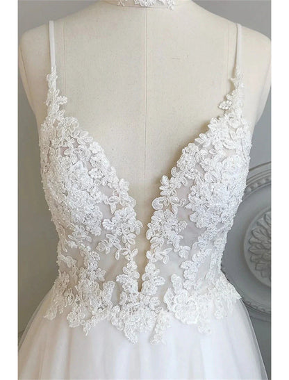 NumberSea - Beach Wedding Dresses A - Line Sweetheart Camisole Spaghetti Strap Court Train Lace Bridal Gowns With Buttons Appliques