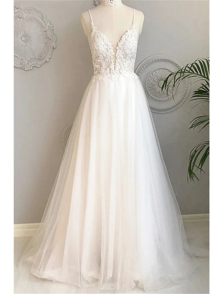 NumberSea - Beach Wedding Dresses A - Line Sweetheart Camisole Spaghetti Strap Court Train Lace Bridal Gowns With Buttons Appliques