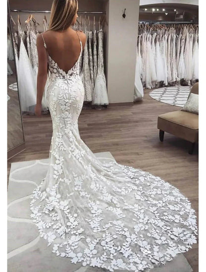 NumberSea - Beach Wedding Dresses Camisole V Neck Spaghetti Strap Chapel Train Lace Bridal Gowns