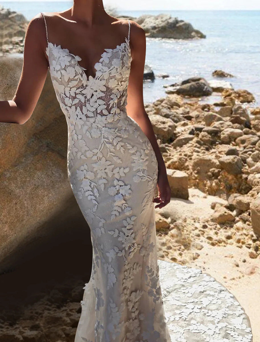 NumberSea - Beach Wedding Dresses Camisole V Neck Spaghetti Strap Chapel Train Lace Bridal Gowns