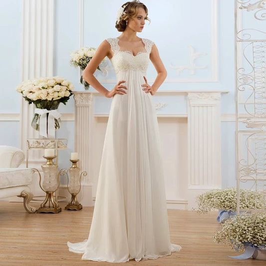 NumberSea - Beach Wedding Dresses Plus Size Cap Sleeve Applique Chiffon Bridal Gown