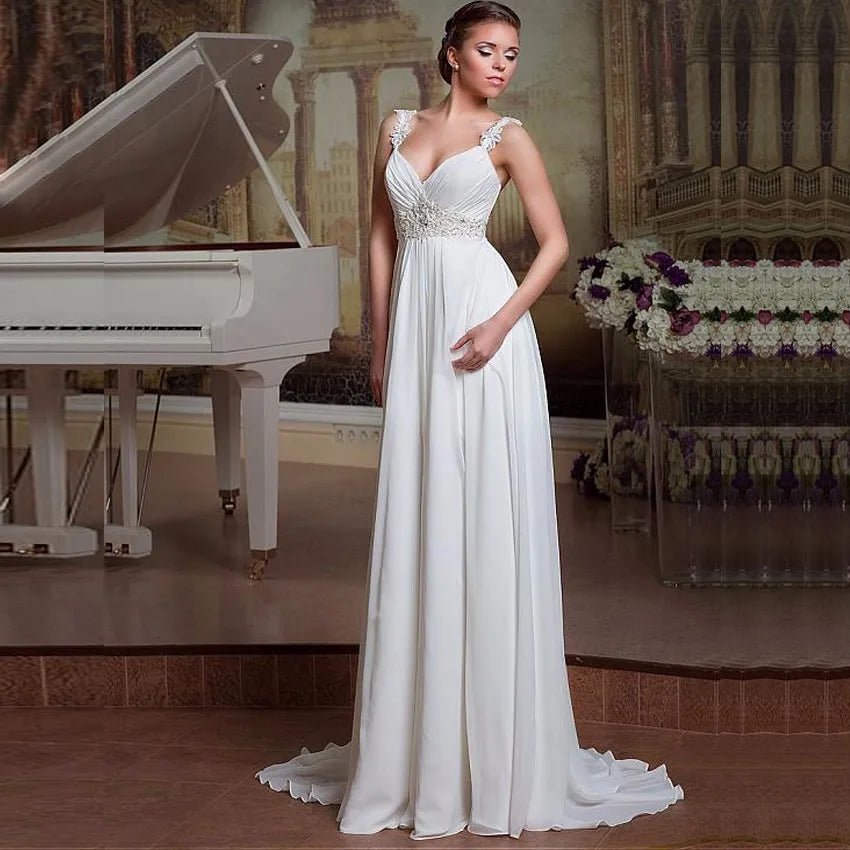 NumberSea - Beach Wedding Dresses Spaghetti Strap Sleeveless Pleats Beading Bride Princess Long Gowns