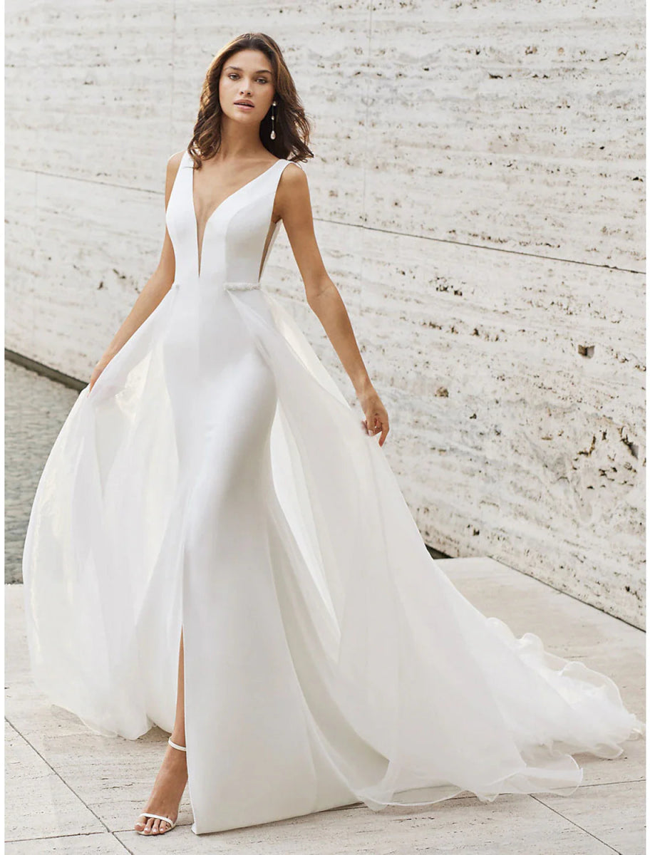 NumberSea - Beach Wedding Dresses Two Piece V Neck Sleeveless Court Train Satin Bridal Gowns With Pattern