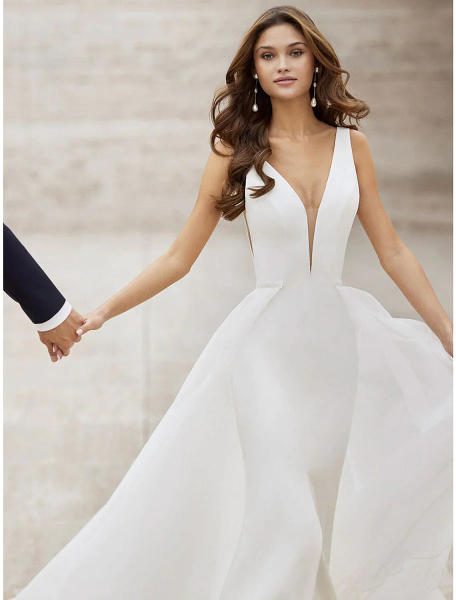 NumberSea - Beach Wedding Dresses Two Piece V Neck Sleeveless Court Train Satin Bridal Gowns With Pattern