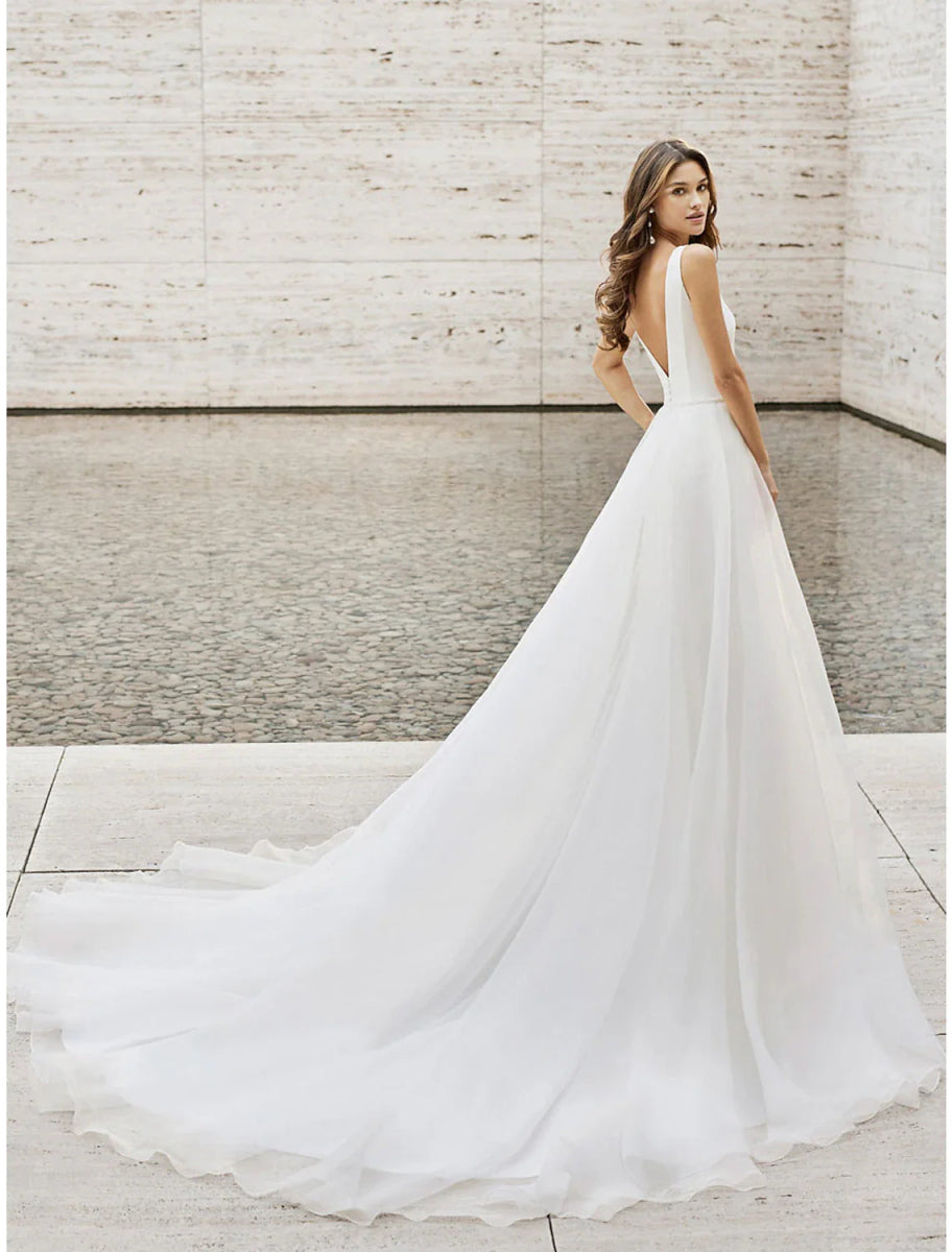 NumberSea - Beach Wedding Dresses Two Piece V Neck Sleeveless Court Train Satin Bridal Gowns With Pattern