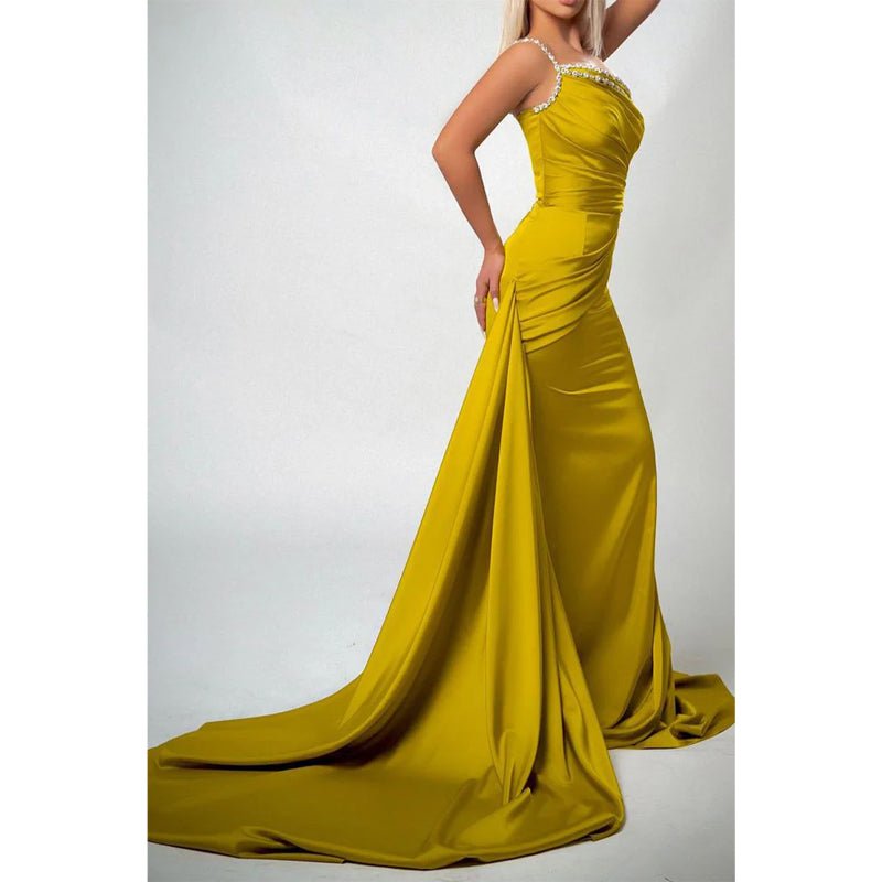 NumberSea - Bead Straps Pleats Mermaid Long Formal Evening Gowns