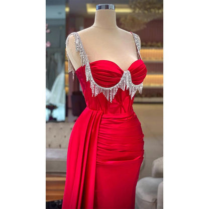 NumberSea - Bead Straps Pleats Red Long Formal Evening Gowns