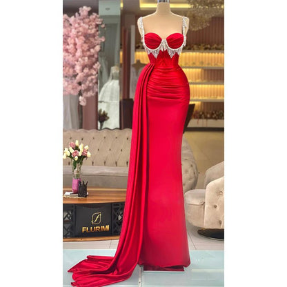 NumberSea - Bead Straps Pleats Red Long Formal Evening Gowns