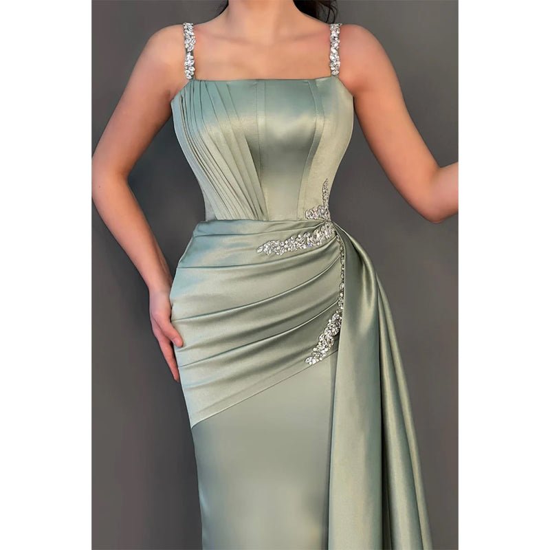 NumberSea - Bead Straps Pleats Sheath Long Formal Evening Dress