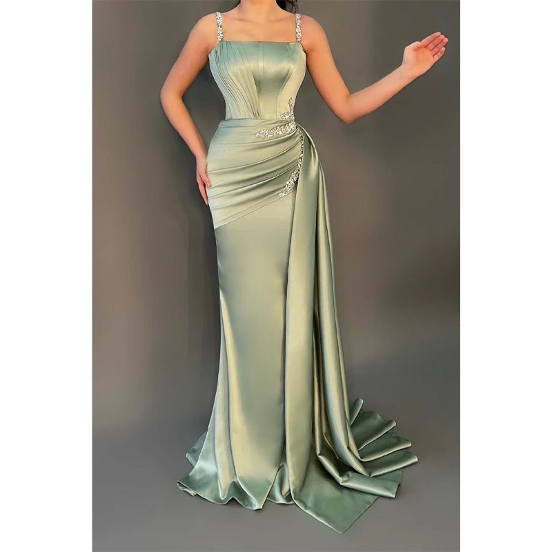 NumberSea - Bead Straps Pleats Sheath Long Formal Evening Dress