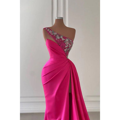 NumberSea - Beaded One Shoulde Pink Satin Pleats Long Prom Dress with Slit Evening Gowns