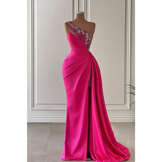 NumberSea - Beaded One Shoulde Pink Satin Pleats Long Prom Dress with Slit Evening Gowns