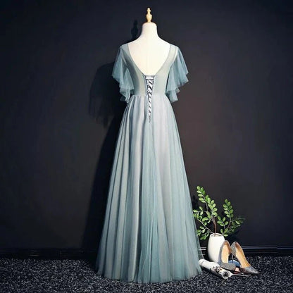 NumberSea - Beautiful Light Green Tulle Long Party Dress, Green Lace Low Back Prom Dress Evening Dress