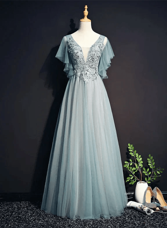 NumberSea - Beautiful Light Green Tulle Long Party Dress, Green Lace Low Back Prom Dress Evening Dress