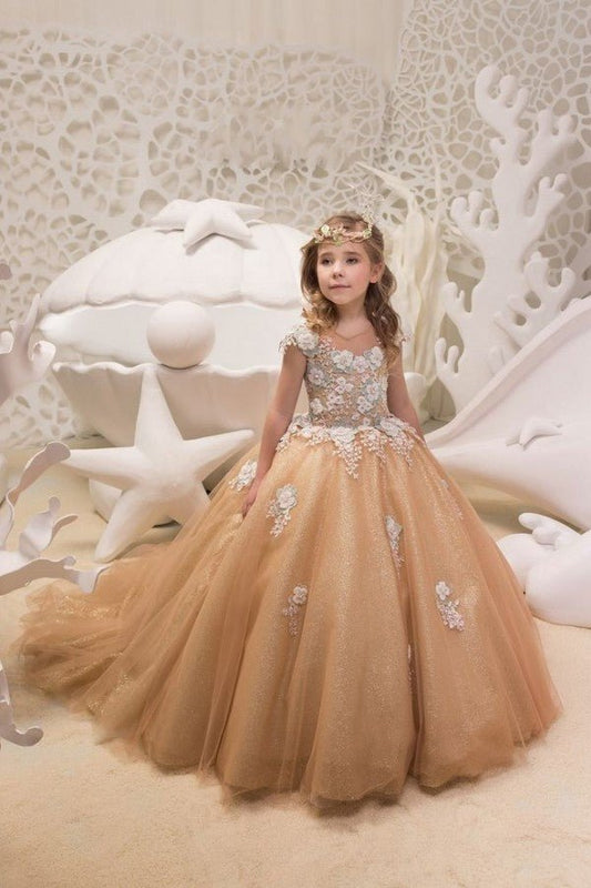 NumberSea - Beautiful Long A - line Bateau Appliques Lace Sequins Tulle Train Flower Girl Dress