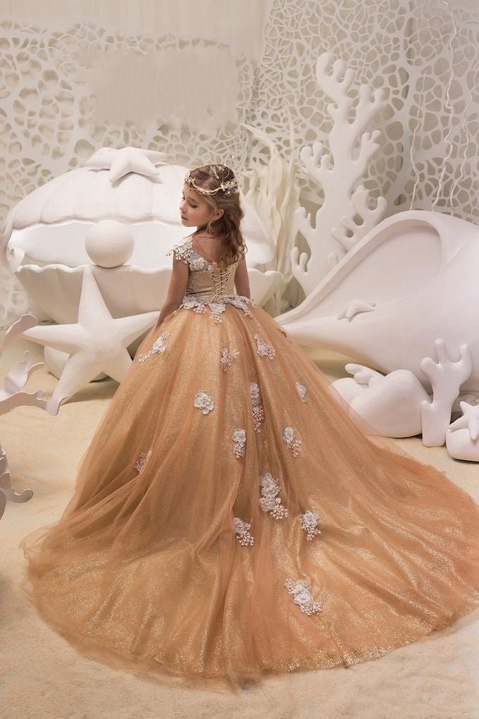 NumberSea - Beautiful Long A - line Bateau Appliques Lace Sequins Tulle Train Flower Girl Dress