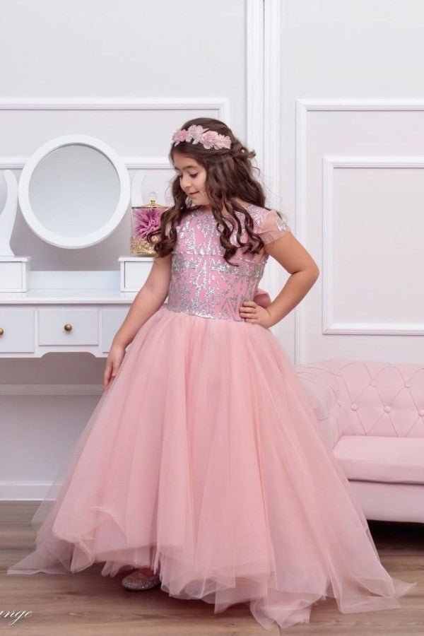 NumberSea - Beautiful Long A - line Bateau Sequins Lace Backless Tulle Flower Girl Dress With Bowknot